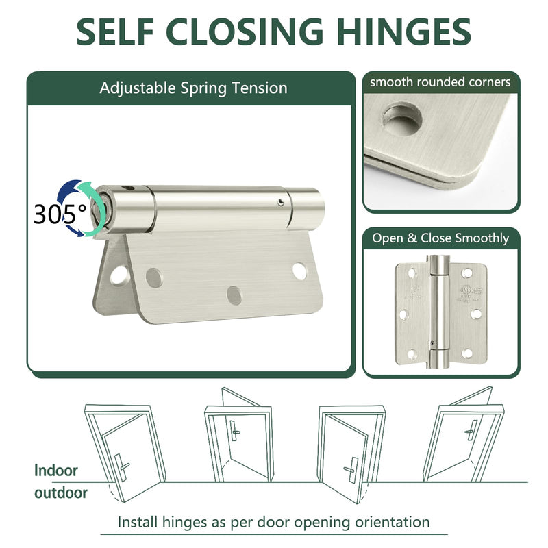 Self Closing Hinge 3 ½"x 3 ½" Satin Nickel Auto Close Adjustable 3 1/2 Inch Spring Hinges Door Closer Hinge 1/4" Radius Corner for Commercial Grade Auto Self-Closing 3 Pieces Satin Nickel 1/4" Radius