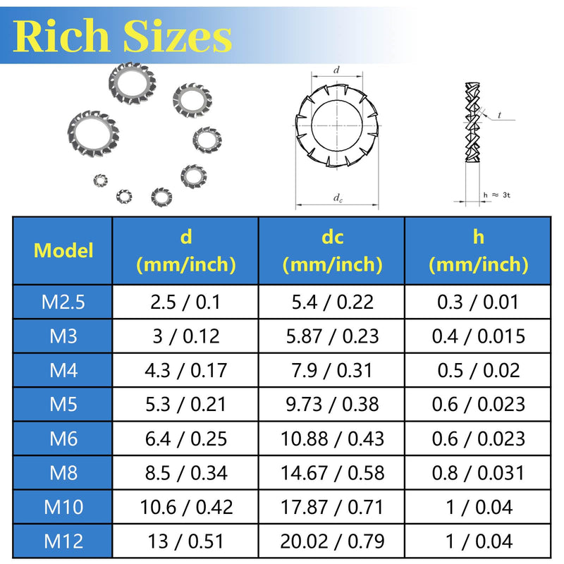 570Pcs External Tooth Lock Washers Multi-Tooth Star Locking Washers Assortment Kit 304 Stainless Steel Washer Sets M2.5 M3 M4 M5 M6 M8 M10 M12 Frequently Used in High-Vibration Environments External Tooth Washers-Silver