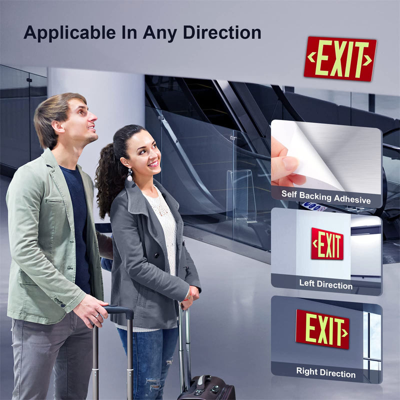 Photoluminescent Exit Sign Aluminum - Adhesive Backing Glow In The Dark - Removable Arrows Included - 12x7 Inches - Non Electrical Red Exit Light For 50 Feet Visibility (1 Pack) 1 Pack