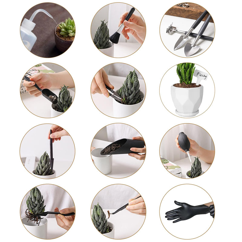 Melphoe 25Pcs Mini Garden Hand Transplanting Succulent Tools Set, 39.4" Thickened Repotting Mat & Plant Tag, Miniature Planting Indoor Fairy Care, Potting, Cactus, Houseplant Bonsai Tool Kit (Black) Black