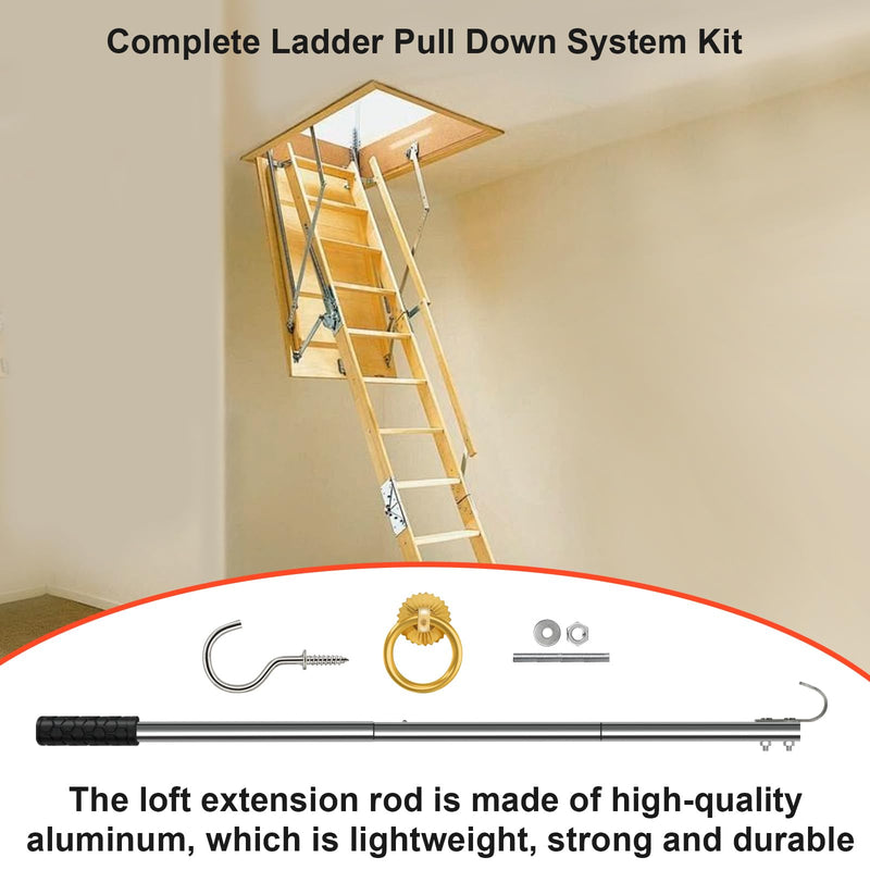 Complete Ladder Pull Down System Kit, Attic Stair Pull Kit, Includes 1 Attic Extension Rod up to 40 Inches and 1 Storage Hook.