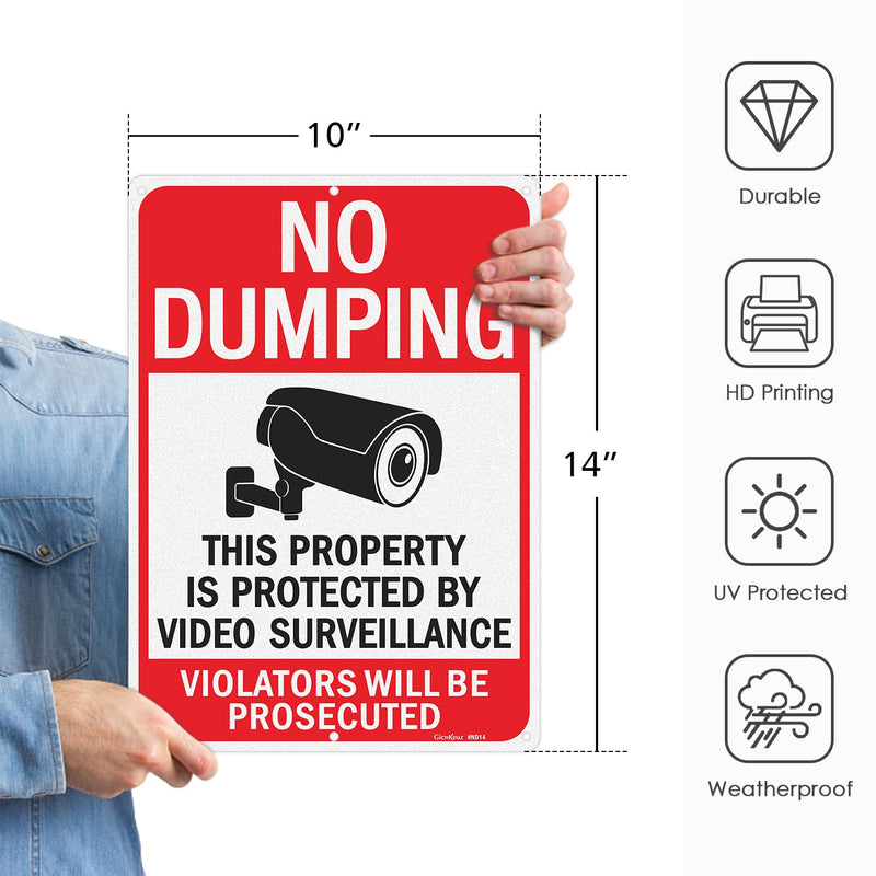 GicnKeuz Large No Dumping signs, 14x10 Inches Property Protected by Video Surveillance signs, Reflective Aluminum, Fade Resistant/Waterproof, Indoor or Outdoor Use (2-Pack) RED 2 PACK