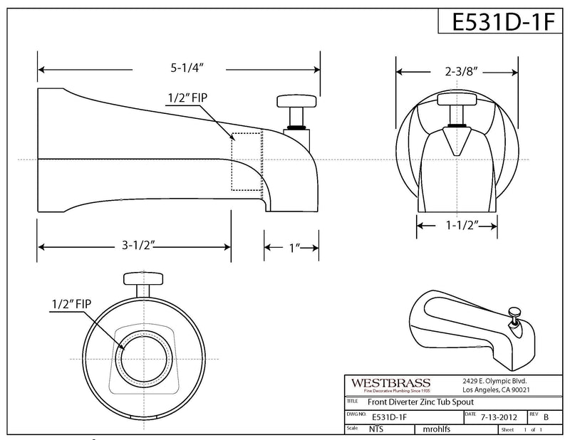 Westbrass E531D-1F-62 5-1/4" Reach Wall Mount Tub Spout with Front Diverter, Matte Black 1 Pack