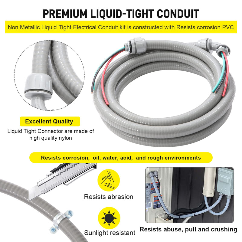 Power Whip Assembly Kit -1/2" x 4ft Non-Metallic Liquid Tight with 10 Gauge Wire Electrical AC Whip Kit Flexible Electrical Conduit & straight/90°Fittings