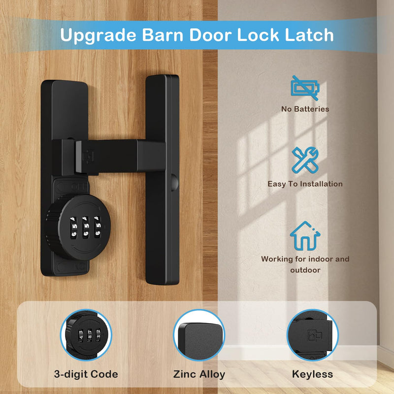 Keyless Barn Door Lock - 3-Digit Password Security Latches for Sliding Doors/Bifold French Gates/Garage/Cabinet/Shed（90 Degree Flip,Black, Heavy Duty Anti-Rust Design）