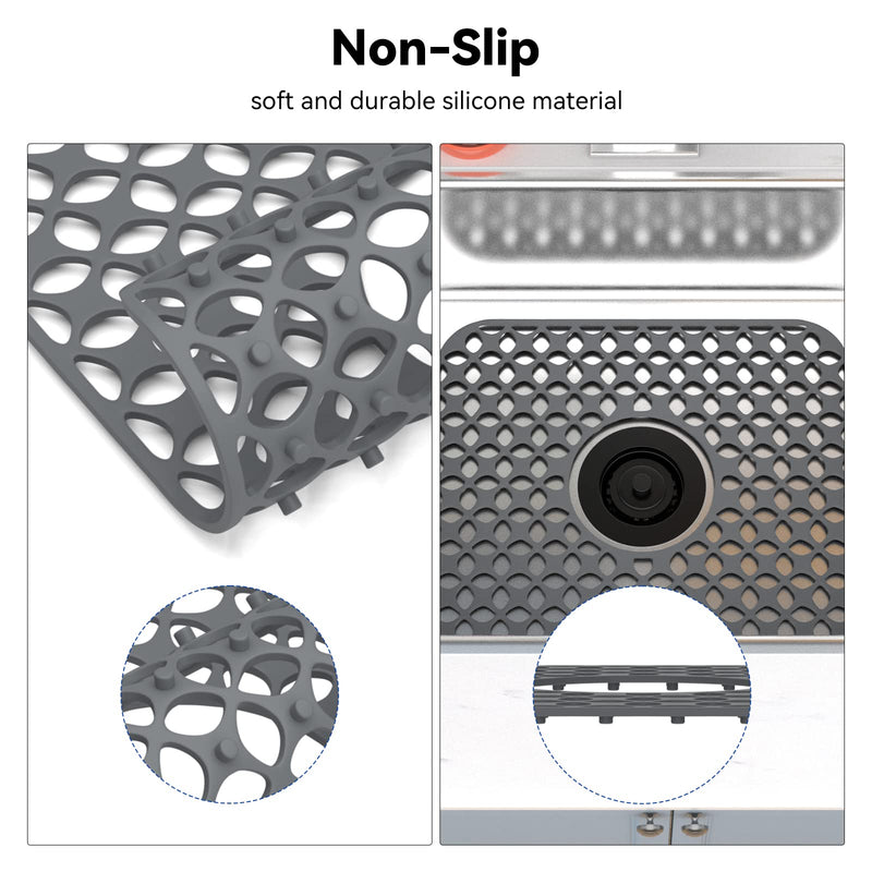 Kitchen Sink Mats, TOOVEM 2PCS Non-Slip Heat Resistant Silicone Sink Protector Mat for Bottom of Stainless Steel Porcelain Sink, Folding Farmhouse Rear Drain Sink Mats, Center Drain Grey-Center Drain-1