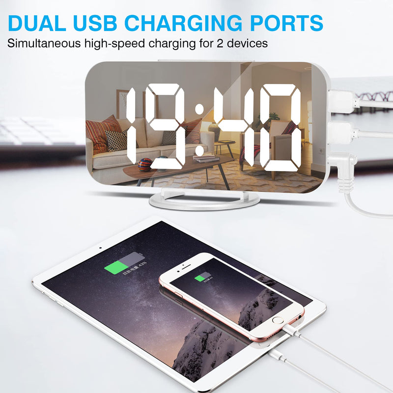 Sukeen Digital Alarm Clock,6" Large LED Display with Dual USB Charger Ports | Auto Dimmer Mode | Easy Snooze Function, Modern Mirror Desk Wall Clock for Bedroom Home Office for All People (White) White