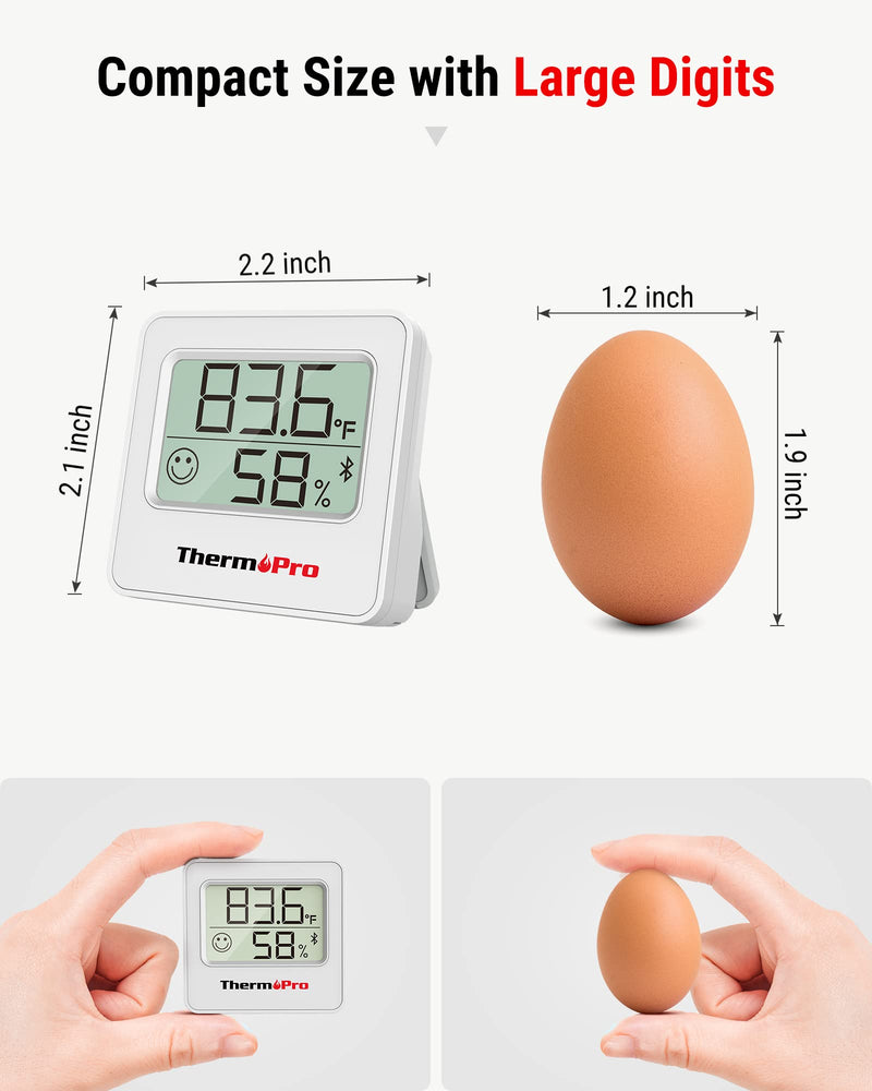 ThermoPro TP357 Digital Hygrometer Indoor Thermometer of 260FT, Bluetooth Thermometer Humidity Meter with Smart App, Room Thermometer Humidity Gauge with Temperature Humidity Sensor 1 White