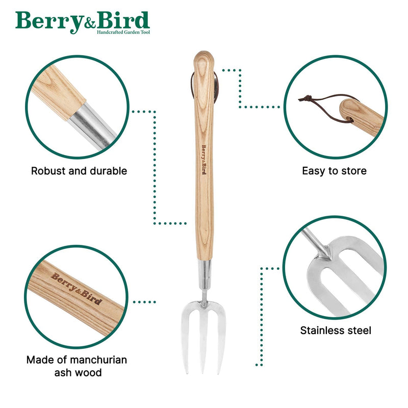 Berry&Bird Gardening Hand Fork, 22.6 Inches Long Handled Stainless Steel Weed Fork, Traditional Garden Hand Fork Tool with Ergonomic Ash Wood Handle for Weeding, Digging, Planting and Cultivating - NewNest Australia