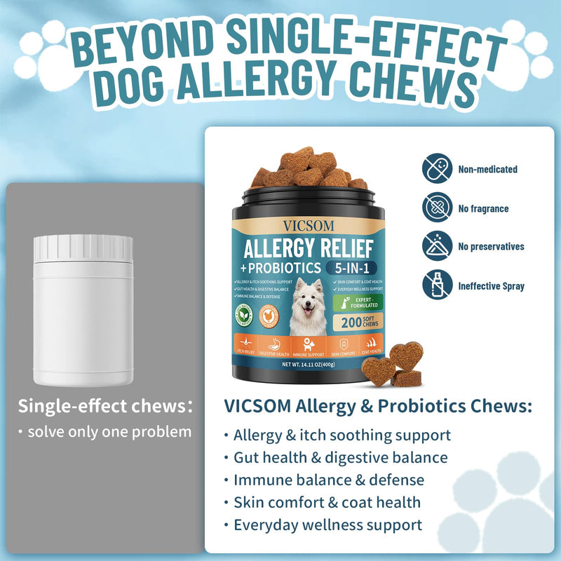 VICSOM Cat & Dog Allergy Relief Bundle – Itchy Skin, Immune Support, Seasonal Allergy & Gut Health Support with Probiotics, 60ml & 200 Chews