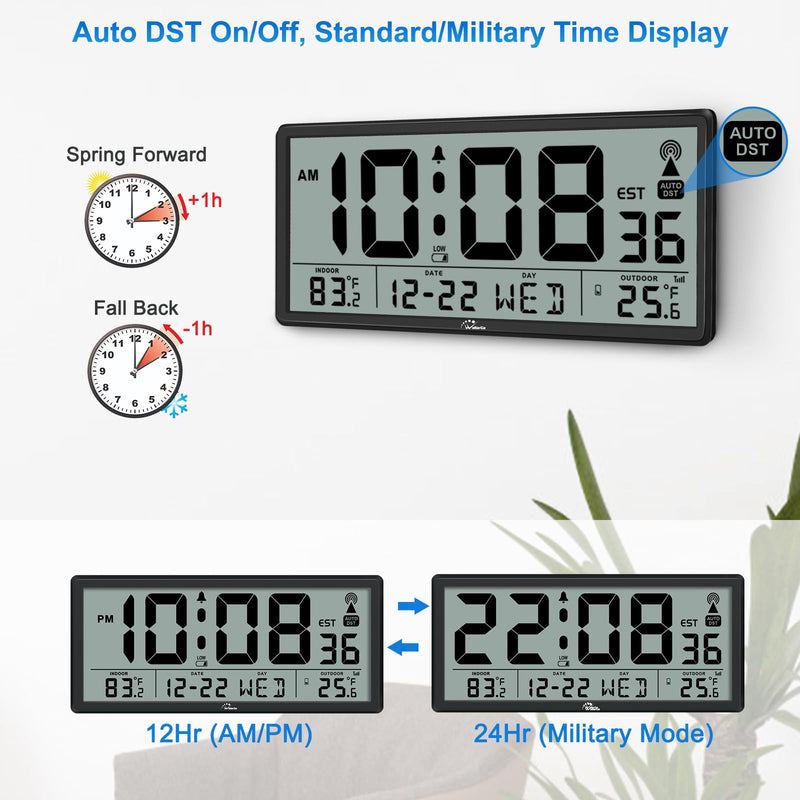 WallarGe Atomic Clock with Indoor Outdoor Temperature - Easy to Read - Self Setting, 14.5'' Jumbo Auto Set Digital Wall Clock Battery Operated Carbon