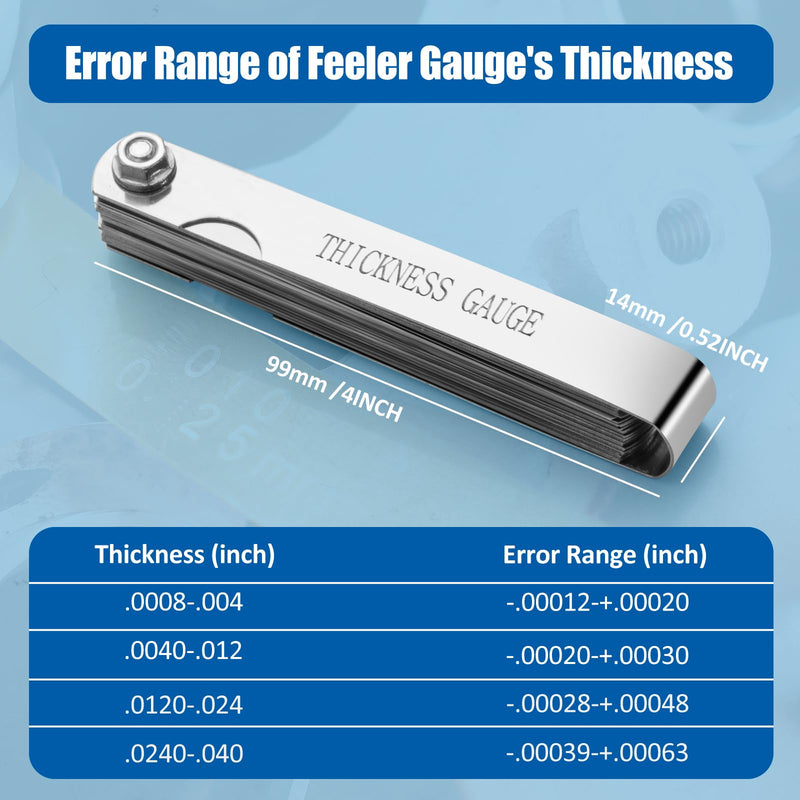 Feeler Gauge Set Stainless Steel Thickness Gauge 32 Blades 0.04-0.88 mm (0.0015-0.035 Inch) Dual Marked Metric and Imperial Measuring Tools for Measuring Gap Widths and Thicknesses