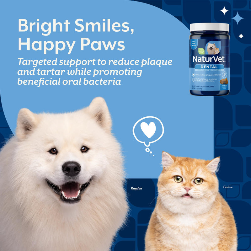 NaturVet Dental Targeted Care Supplement for Dogs and Cats, Helps Reduce Plaque & Tartar with PRIOME Postbiotics, Scandinavian Kelp & Fresh Breath Blend, 60 Hickory Bacon Soft Chews
