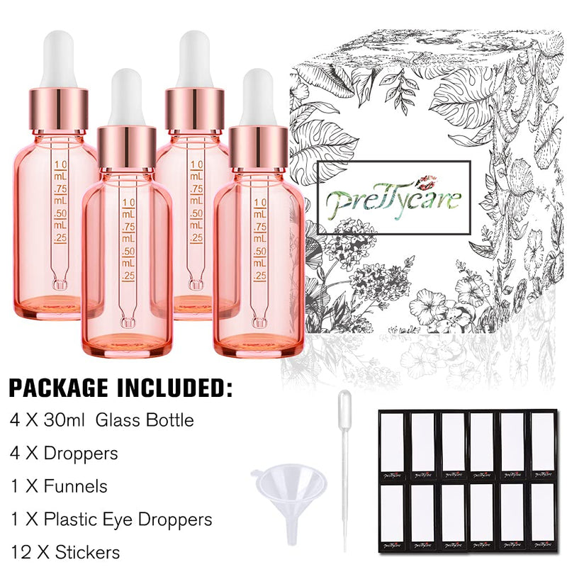 PrettyCare 4 Pack 1oz Eye Dropper Bottle Rose for Essential Oils with Measured Pipettes, 30ml Glass Bottles with Eye Droppers Tincture Bottles, Leak Proof Travel Bottles Pink