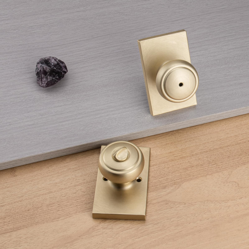 Brushed Gold Door Knob with Turn Lock for Bath & Bedroom, Coastal Interior Door Knobs with Heavy Duty Rectangle Plate Brushed Gold Privacy
