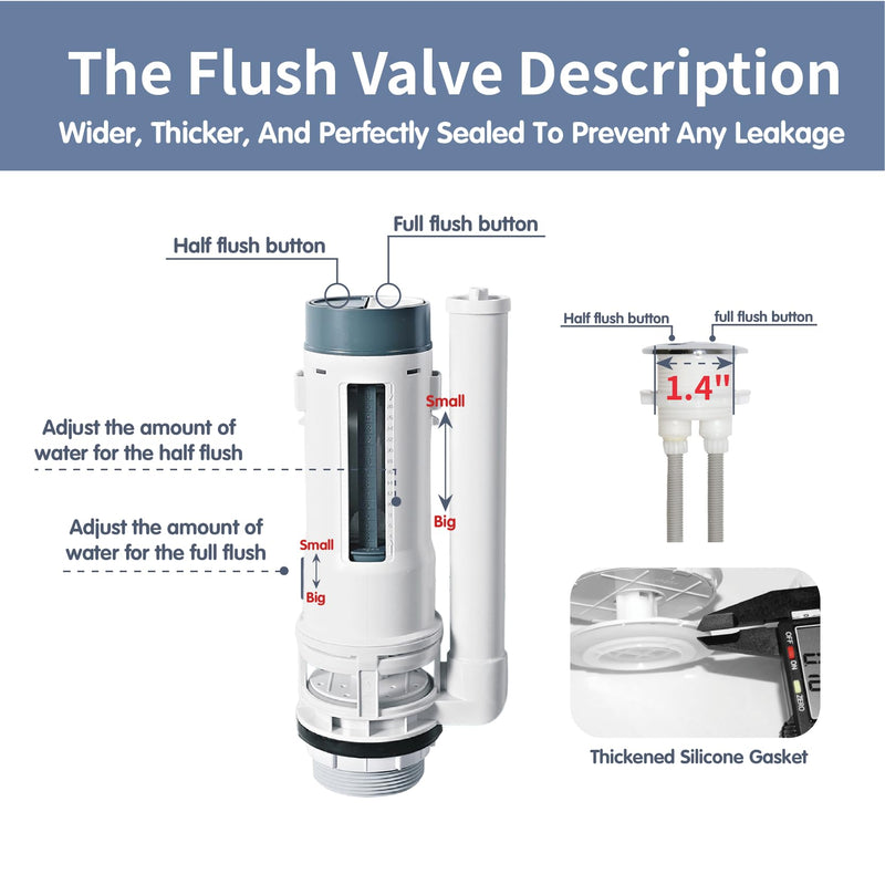 2-Inch Toilet Repair Kit Inside Tank with Dual Flush Valve Replacement, Includes Adjustable Fill Valve and Chrome Push Button for 2-Piece Toilet Fits 2-inch drain holes