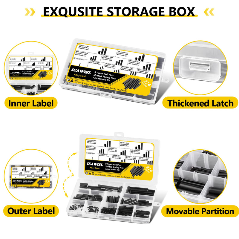 274 Pcs Roll Pin Set, Slotted Metric Roll Pins 65Mn Steel - M1.5 M2 M2.5 M3 M3.5 M4 M5 M6 M8 for Home Automotive Repair 274Pcs Metric Roll Pins
