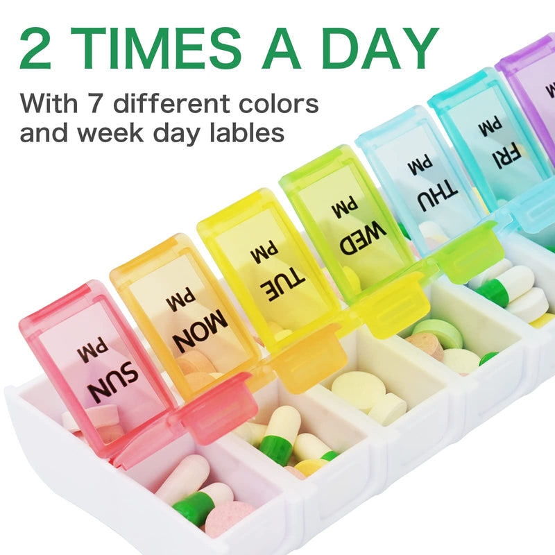 DailyRest Pill Organizer 2 Times a Day, Pill Box 7 Day, AM PM Pill Case, Detachable Weekly Pill Container, Rainbow See-Through Lids, Travel Portable Medicine Container for Pill/Vitamins/Supplements Color