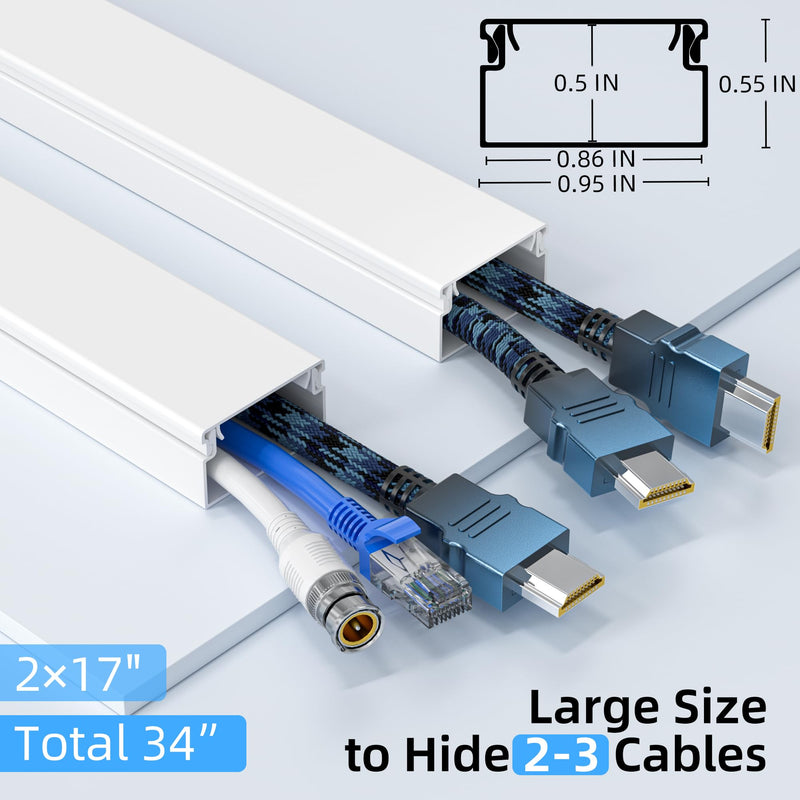 Delamu Cord Hider, 34in Cord Covers for Wires on Wall, Paintable Cable Hider, Easy to Use Wire Covers for Cords, Wire Hiders for TV on Wall, Cable Cover Cable Management, 2X L17 W0.95 H0.55in Medium White
