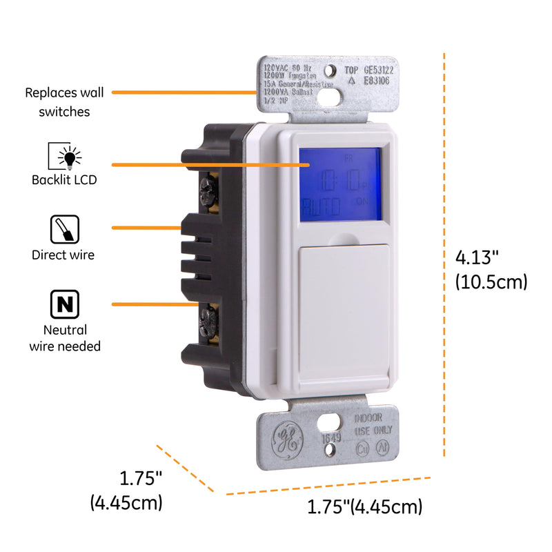 GE SunSmart Digital in-Wall Timer, Daily ON/Off Times, Programmable Settings, Sunset/Sunrise Presets, Vacation Security, White & Almond, Lights, Fans, Heaters, Timer Switch, Light Switch Timer, 32787
