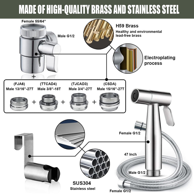 Premium Brushed Sink Faucet Handheld Bidet Sprayer for Toilet -Bidet Attachment Set for Warm & Cold Water with Dual Function, Perfect for Feminine Hygiene, Cloth Diaper,Bathroom Toilet Cleaning,etc Sink Faucet Sprayer