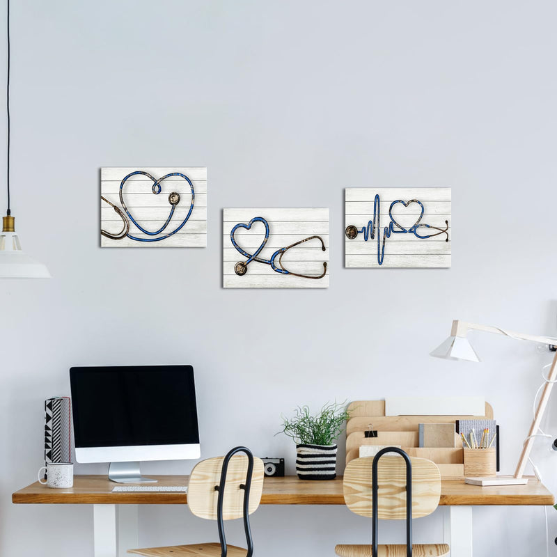 Biuteawal 3 Panels Medical Wall Art Stethoscope Paintings Echometer Instrument Picture Clinic Decor Grey Blue Canvas Print Nurse Day Gift Home Office Decoration Framed Ready to Hang