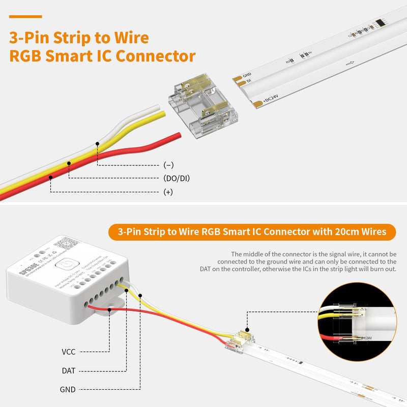 PAUTIX 12mm Connectors for RGB Smart IC COB LED Strip Light,3-Pin Solderless Terminal Connection Kit,Dual-End Extension Connector,Strip to Male Plug Connector,Gapless Connector,Strip to Wire Connector Connector Kit