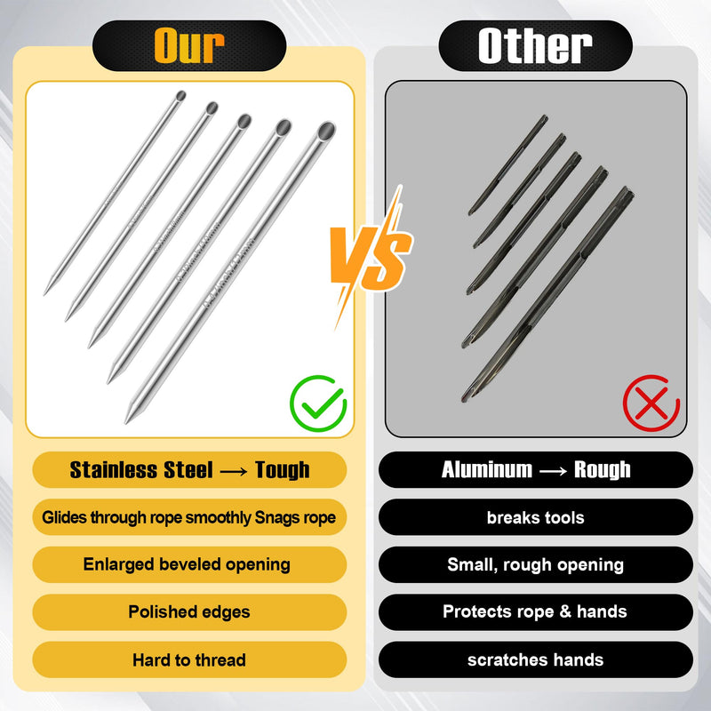 Rope Splicing Tool Kit, 5 Sizes (1/4", 5/16", 3/8", 7/16", 1/2") Stainless Steel Splicing FIDs with Brass Handle, Push Rod & Storage Pouch, for Marine and Rope Work