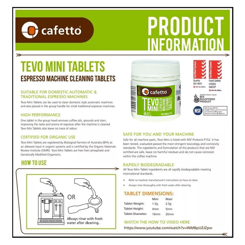 Cafetto Tevo Tablets Mini 1.5g 100 Tablets for manual and semi automatic espresso machines. Compatible with Breville, Sage, Gaggia, Rancilio, Rocket, ECM, Profitec, Lelit.