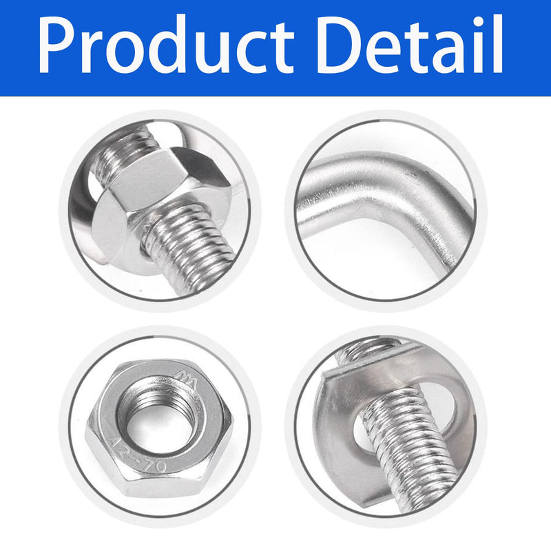 6Pack Square U-Bolts 2-1/2" Stainless Steel with Plates Nuts Flat Washers M10 Round for Car, RV, Trailer, Bumper, Boat
