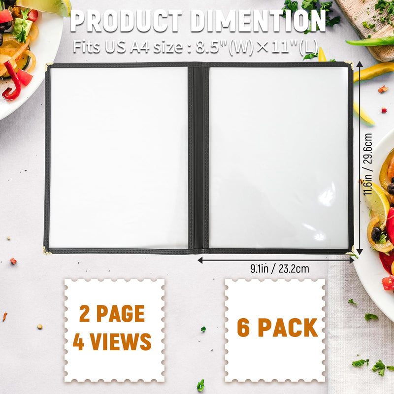 Menu Holder 6 Pack Clear Menu Covers 8.5 x 11 Inch Clear for Restaurant, Cafe, and Bar Menus (2 Page, 4 View) 6 Pack (2 Page, 4 View)