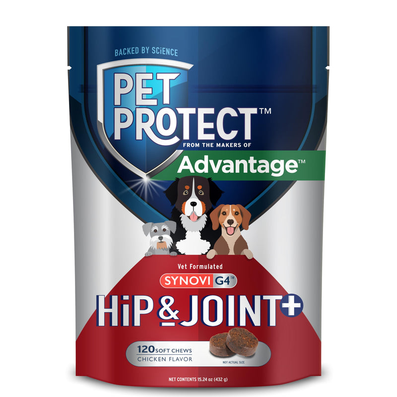 Pet Protect Dog Hip & Joint+ Supplement for Active & Aging Dogs, Vet-Formulated Synovi G4, Dog Glucosamine, Chicken-Flavored Soft Chews (120 Count) 120 Chews