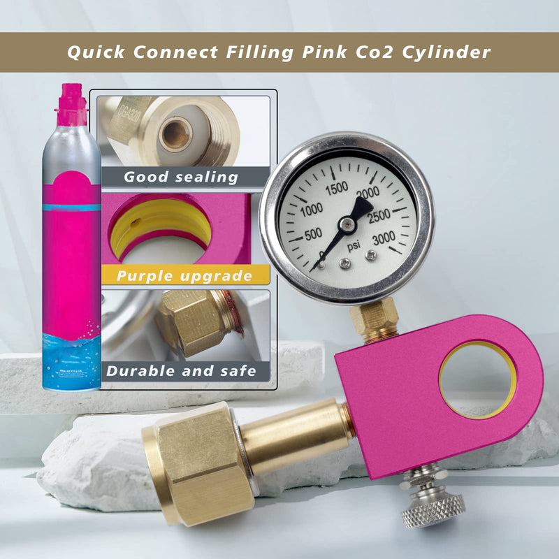 Soda Refill Adapter for Filling Soda maker pink Co2 Cylinder, CO2 refilling Adapter Compatible with DUO Terra Art pink soda Cylinder, Purple upgraded Purple with Big Pressure Gauge
