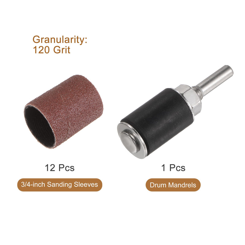 uxcell 12 Pcs 3/4 Inch Sanding Sleeves Sandpaper Set 120 Grit with 0.79 Inch Drum Mandrels for Rotary Tools