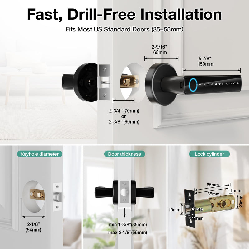Fingerprint Door Lock with 2 Keycards & App Control – 5-in-1 Smart Door Knob for Bedrooms, Keys & Code, Store 50 Fingerprints Stainless Steel