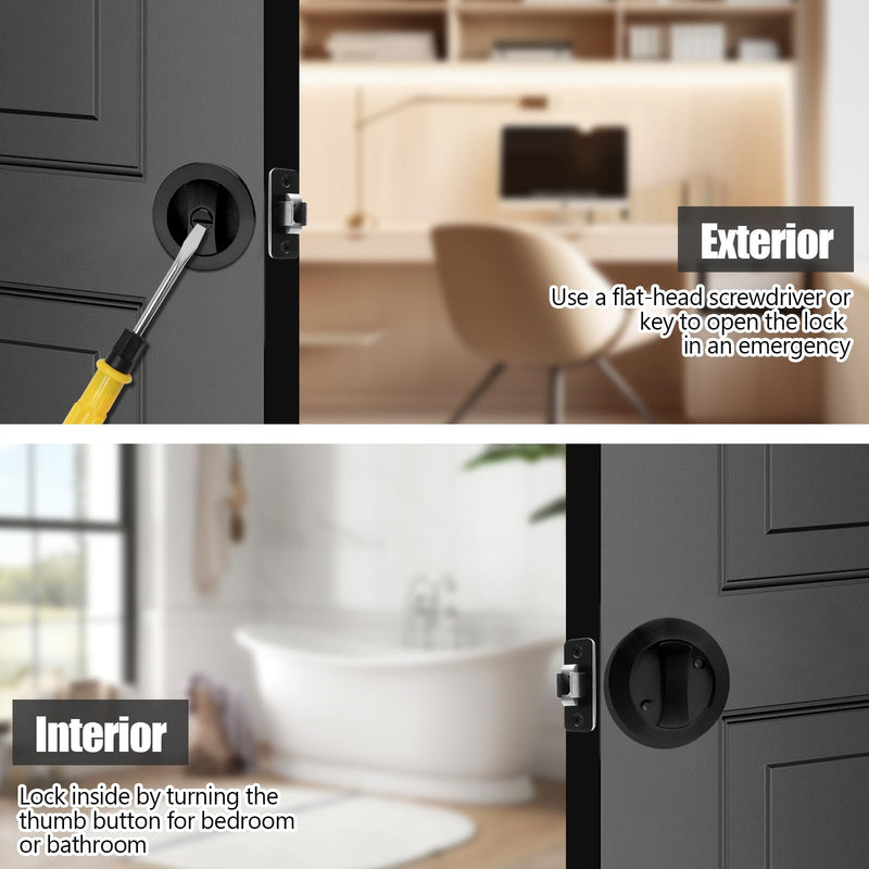 Pocket Door Lock, Matte Black Pocket Door Hardware Round Door Lock, Privacy Sliding Bifold Door Locks for Bathroom Bedroom Round/ Privacy (rotary knob)