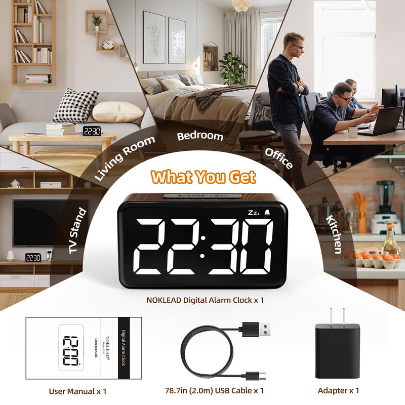NOKLEAD Digital Alarm Clock: Wood Grain, 5.9-inch Large LED Display, Easy to Use for Seniors and Men, Adjustable Brightness, Aesthetic Room Decor Desk Clocks for Bedroom | Dorm | Living Room | Office Brown Wood Grain