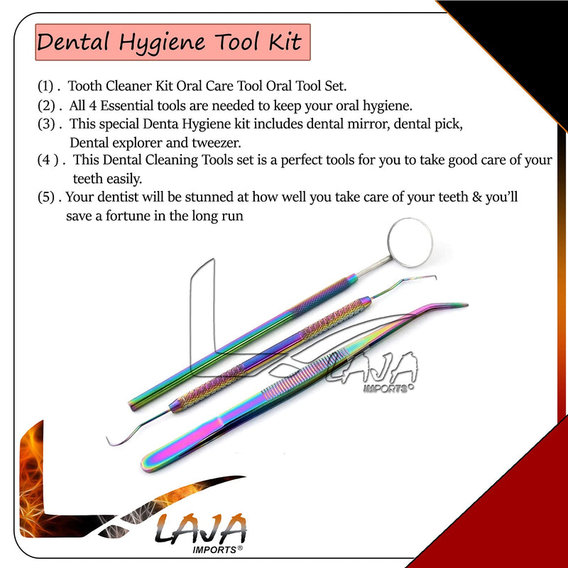 Dental Hygiene Set - 3Pcs Basic Dental Instruments Stainless Steel Dental Rainbow Tooth Pick, Mouth Mirror/Cotton Plier/Dentists Tools is Ideal for Personal Use & Pet Friendly for Educational Use