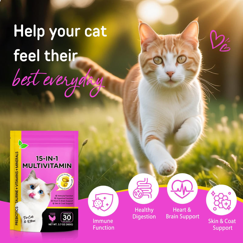 Cat Vitamins Chews, 15 in 1 Cat Multivitamin Treats for Health, Immune, Joint Support, Skin & Coat, & Digestion, Vitamins with Taurine, Omega-3s & Probiotics, Chicken (30 Day Supply) 1PCS