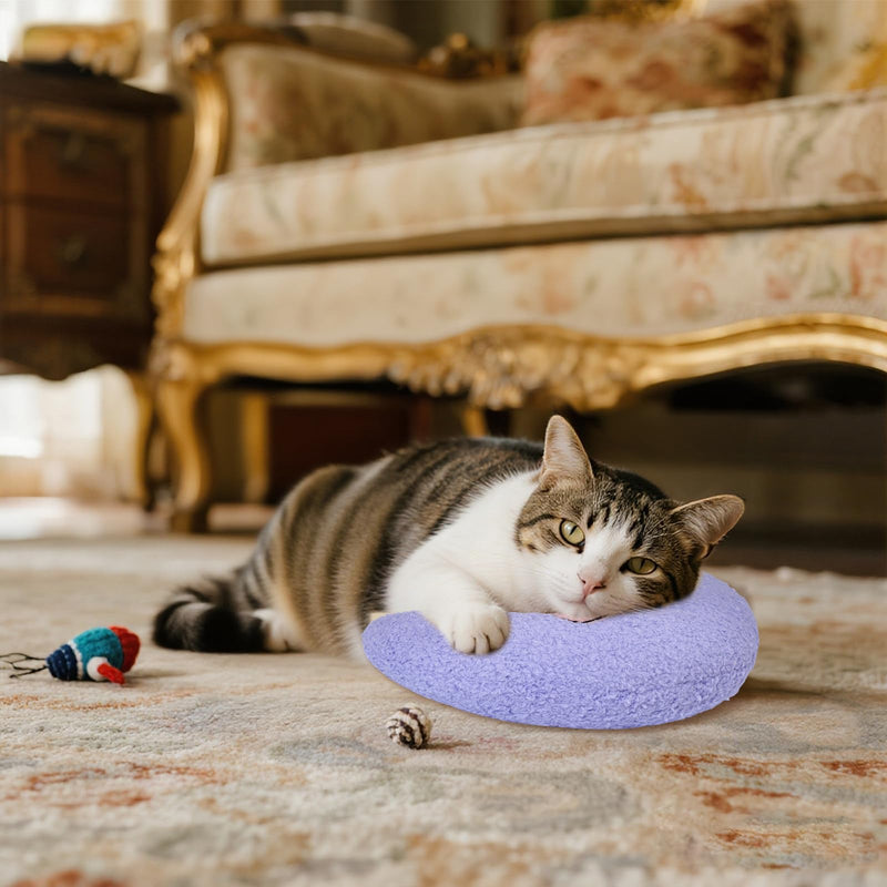 Lystaii Cat Calming Pillow for Indoor Pet Small Dog Calming Pillow Soft Fluffy Cat Bed Dog Neck Toy Half Donut Anxiety Relief Toy with Cute Embroidery Pattern (Purple, Peaches) Purple