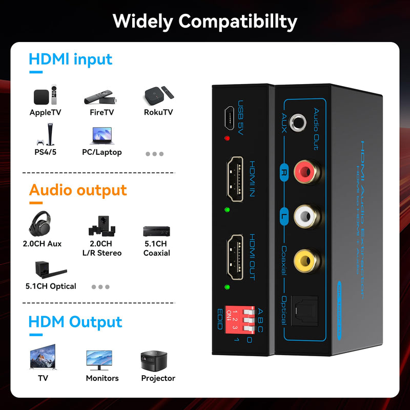 8K 60Hz HDMI Audio Extractor 4K 120Hz HDMI to Optical Coaxial AUX Converter Supports HDCP Digital DTS 5.1 EDID Management PCM 2.0 for Fire TV PS4 PS5 Xbox