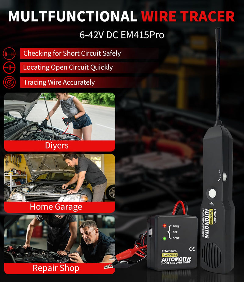 EM415Pro Wire Tracer Electrical Automotive Open & Short Finder, VEHLIVE 6-42V DC Circuit Tester Automotive Circuit Breaker Finder Fault Probe Wire Tracker Electrical Cable Tracer for Car, Boat,Trailer