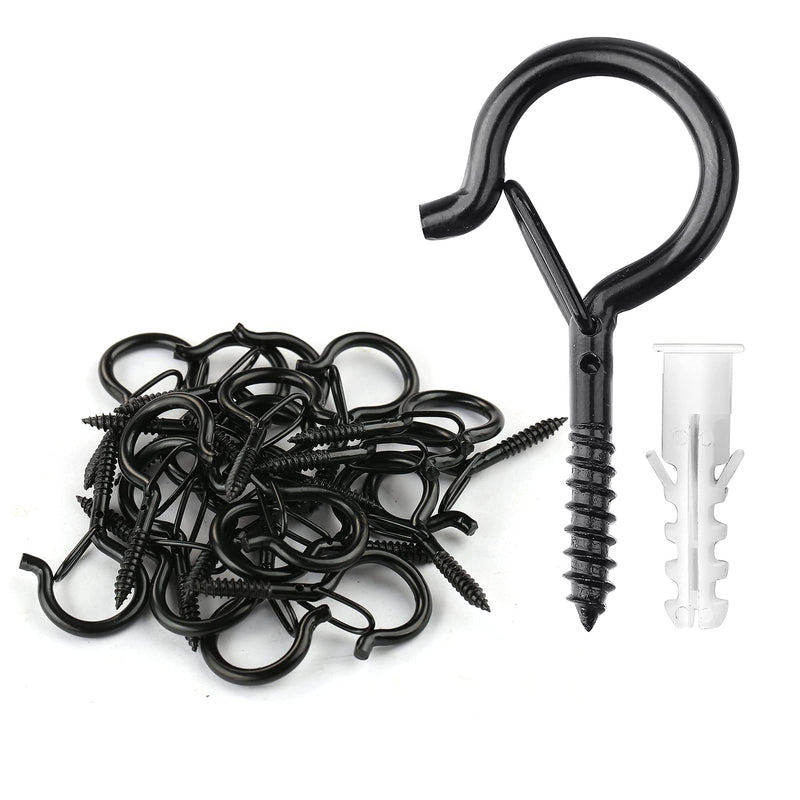 PlusRoc 20 Pack Screw Hooks for Outdoor String Lights, Heavy Duty 2.2 Inch Black Eye Hook Cup Hook Q-Hanger for Hanging, Wall Wood Ceiling Deck Mount
