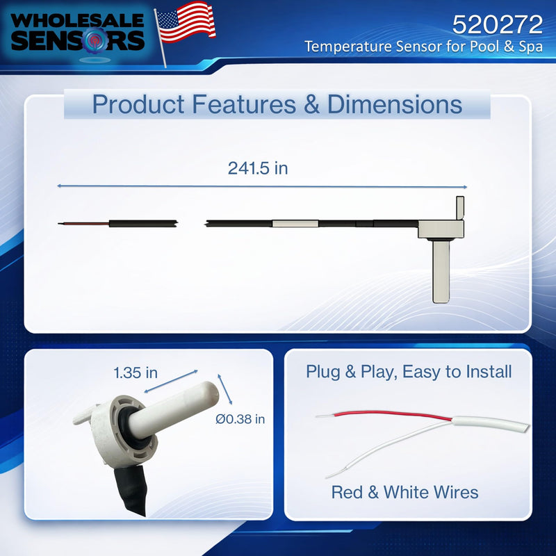 Wholesale Sensors Replacement for Pentair 520272 Black Temperature Sensor, 20FT Cable | 12-Month Warranty & USA Support