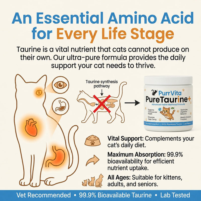Taurine for Cats, Pure Taurine Supplement for Cats, Supports Vitality & Coat Health, Easy to Mix in Food, with Dosing Spoon, 200 Grams