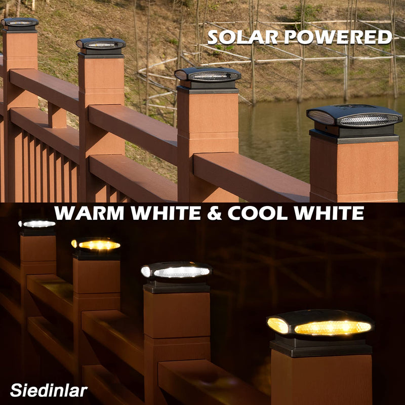 SIEDiNLAR Solar Post Cap Lights Outdoor, 2 Modes 24 LED Solar Powered Fence Deck Light for 4x4 5x5 6x6 Posts Garden Patio Decoration Warm White & Cool White, Black (2 Pack) 2 Pack