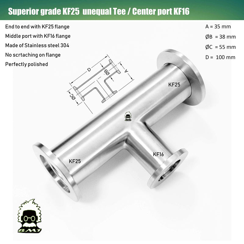bmotiontech Superior Grade - Unequal Tee Fitting with ISO-KF KF25 Flange to KF16 Flange KF25 to KF16 unequal TEE