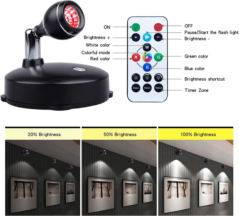 LEASTYLE LED Spot Light Indoor, Battery Operated Led Light Stick Up Lights with Remote, Mini Spotlight Dimmable Accent Lights for Lighting up Paintings Pictures(RGB 2 Pack) Multicolor