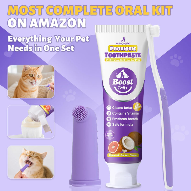 Natural Coconut Oil Dog & Cat Toothpaste for Fresh Breath 3.52oz + Cat Toothbrush and Toothpaste Kit