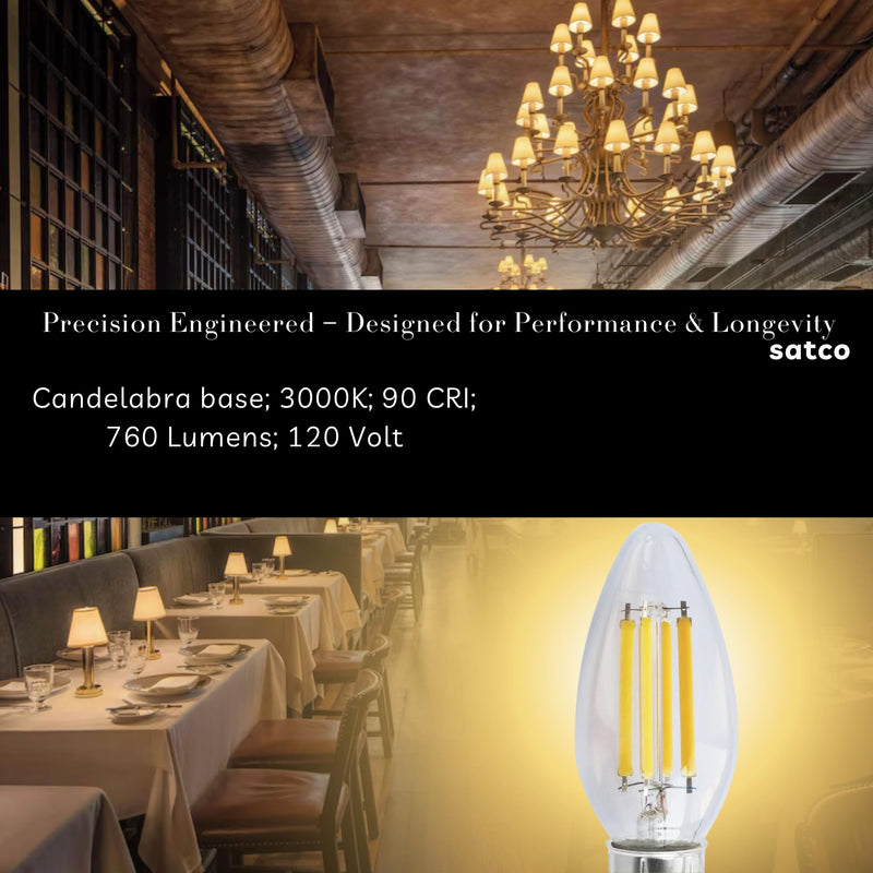 Satco S11385 8W C11 LED Filament Candle Bulb, 3000K Soft White, 760 Lumens, E12 Candelabra Base, Clear Finish, 90+ CRI, Dimmable, Energy-Efficient, for Chandeliers and Decorative Fixtures (6 Pack)
